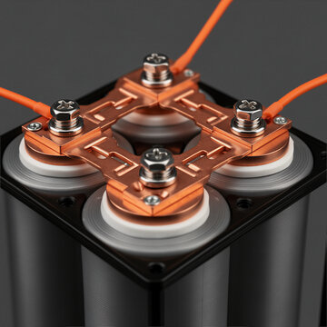 High angle close up of commercial battery pack terminal connection with precision metallic busbars and screws, future EV and grid storage technology