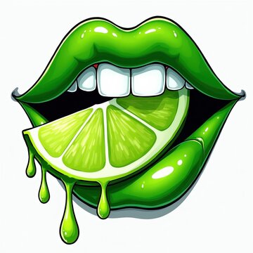 Green glossy lips bite juicy lime wedge. Droplets drip down from citrus fruit. White teeth visible behind fruit slice. Freshness symbolized with vibrant wet graphic.