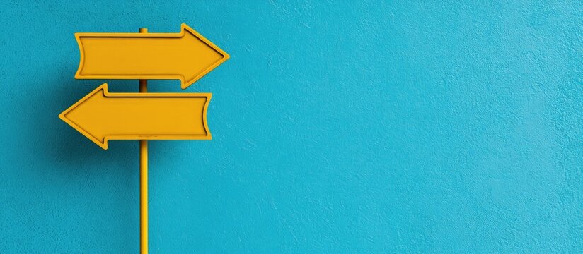 Two yellow directional arrows point opposite ways on a turquoise textured background