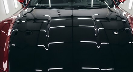 Naklejka premium Reflective Car Roof Close Up with Wet Raindrops in Low Light
