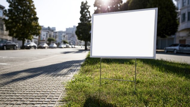 Blank sign stands on grassy verge beside city street with dappled sunlight