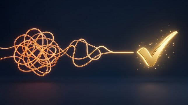 Golden tangled lines unraveling and transforming into a glowing checkmark icon on a dark background. Concept of problem solving, workflow simplification, finding solutions, and business success.