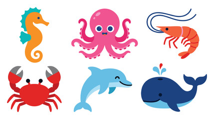 Cute sea creatures set with seahorse octopus shrimp crab dolphin and whale vector design. © jubayer71