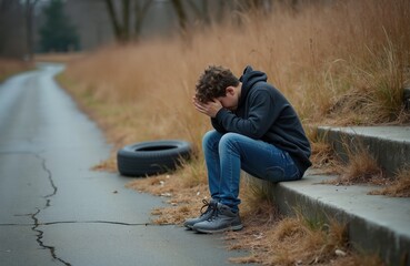 Obraz premium Teenager sits alone on outdoor concrete stpic with head in hands, feeling sad, lost. Discarded tire rests nearby on cracked asphalt road. Dry grass surrounds scene, suggesting bleak, lonely