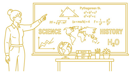 Teacher pointing at blackboard with educational content and world map during lesson. © jubayer71
