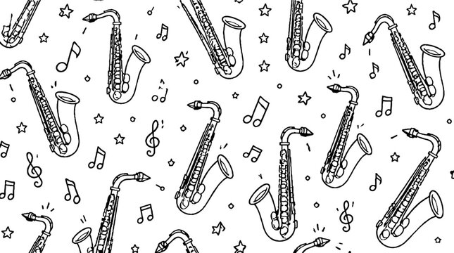 Black and white saxophone pattern with musical notes.
