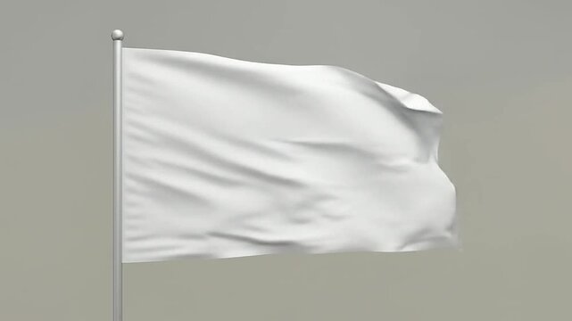 A blank white flag waving on a silver pole against a neutral grey background