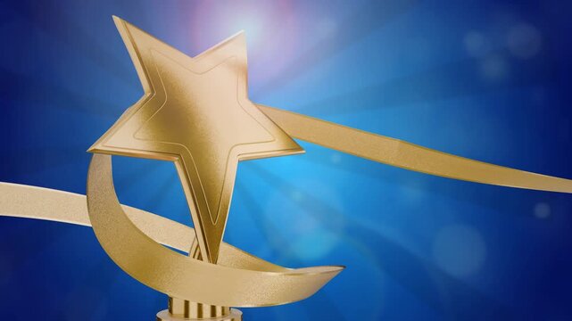 Winner's certificate. Gold star on a blue background as an award. Goal achievement concept. Winners' Cup. Award for outstanding achievement. Victory. Achievements. Business achievements. Teamwork.