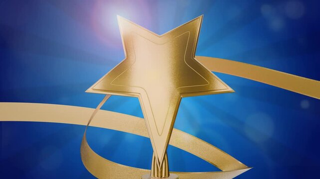 Achievements. Business achievements. Teamwork. Winner's certificate. Gold star on a blue background as an award. Goal achievement concept. Winners' Cup. Award for outstanding achievement. Victory.
