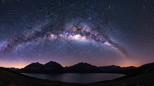 Stunning Milky Way arching over a calm mountain lake at night