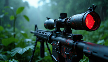 Fototapeta premium Assault rifle with red scope sits in rainy jungle. Weapon has blood stains on its surface. Tactical firearm waits for target in dense green foliage during downpour.