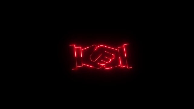 A neon sign of two hands shaking. The sign is blue . of the sign is that it represents a handshake, which is a symbol of agreement or partnership. Motion graphics of neon partnership.4k