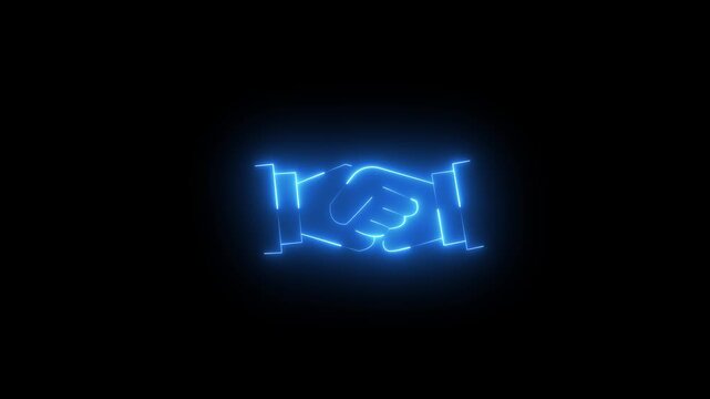 A neon sign of two hands shaking. The sign is blue . of the sign is that it represents a handshake, which is a symbol of agreement or partnership. Motion graphics of neon partnership.4k
