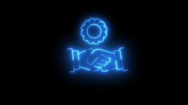 A neon sign of two hands shaking. Gear icon The sign is blue . of the sign is that it represents a handshake, which is a symbol of agreement or partnership. Motion graphics of neon partnership.4k