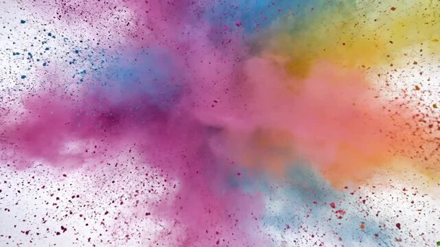 Colorful explosion of paint powders spreading and exploding with vibrant colors against a white background.
