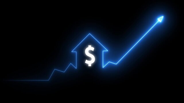 Home icon house sign neon lights animation with up arrow Dollar increase. Neon House, home building animation. Neon home business graph icon .Neon line Cool linear.4k video