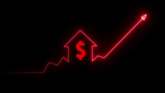 Home icon house sign neon lights animation with up arrow Dollar increase. Neon House, home building animation. Neon home business graph icon .Neon line Cool linear.4k video