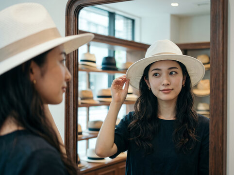 帽子店で白いハットを試着して鏡を見る女性