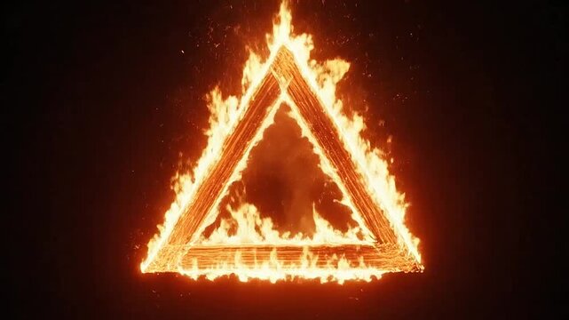 A glowing triangle frame engulfed in intense orange flames against a dark background