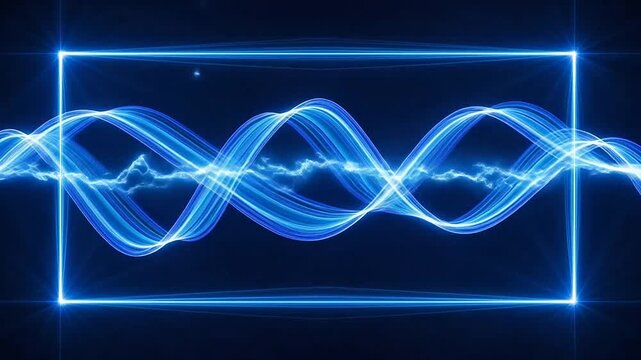 Abstract blue neon light waves flowing through a glowing rectangular frame