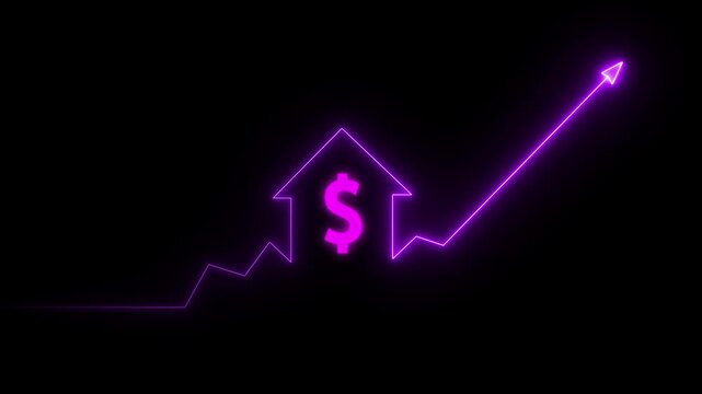 Home icon house sign neon lights animation with up arrow Dollar increase. Neon House, home building animation. Neon home business graph icon .Neon line Cool linear.4k video