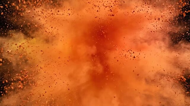 Exploding orange powder cloud bursting outward on a black background abstract