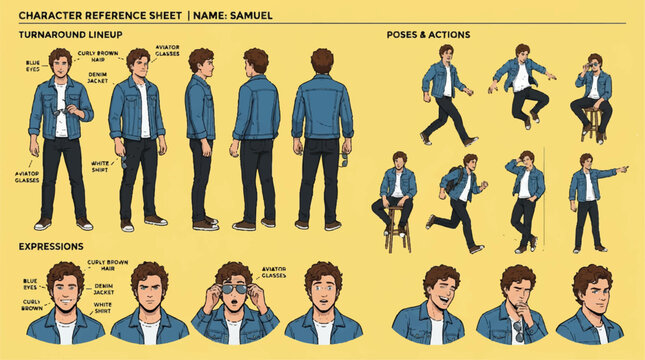 Man character design sheet lineup various poses