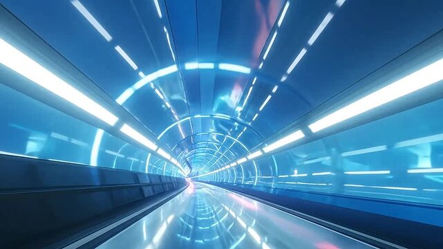 Futuristic blue light tunnel with high speed motion blur and glowing neon rings