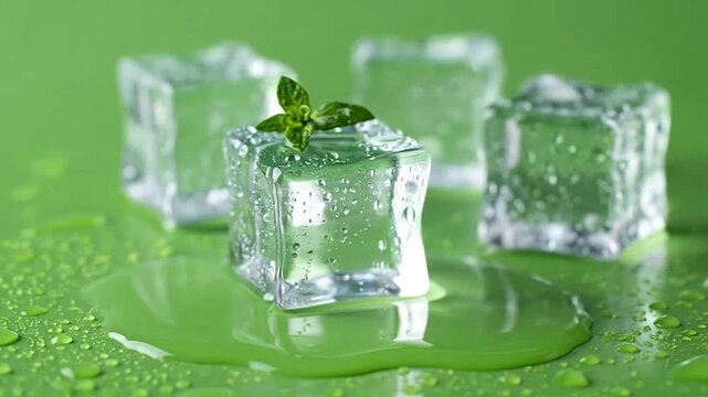 Melting ice cubes with fresh mint leaf on a vibrant green surface