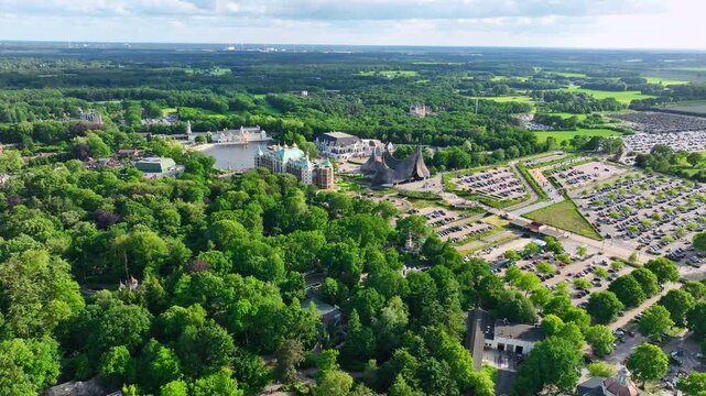 Aerial retreat Efteling theme park main entrance, total view of the location