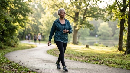 Fototapeta premium Happy senior woman walking on a paved path in a park on a sunny day