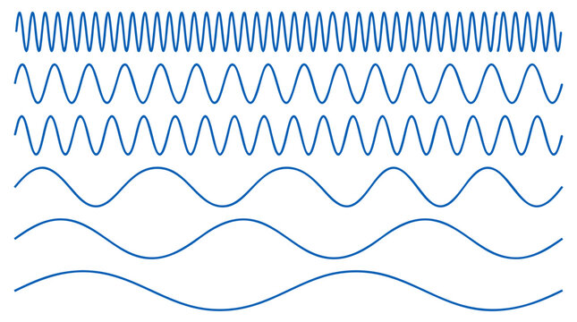 Set of Blue Sine Waves with Different Frequencies and Wavelengths Isolated on White Background