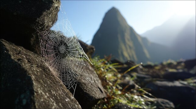 Dew-kissed spiderweb on rocks, mountain backdrop