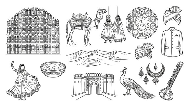 Hand Drawn Minimal Line Art Illustration of Traditional Rajasthan Cultural Heritage Symbols Including Camel Elephant Turban and Palace Architecture Isolated on White Background