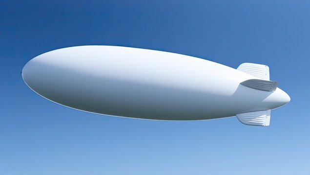 A sleek, white blimp floats serenely against a clear blue sky