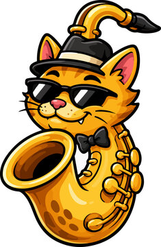 Cool Saxophone Cat Mascot Illustration With Sunglasses And Jazz Music Style
