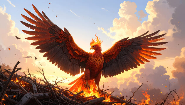 Majestic Phoenix Rises from Embers in Fiery Sunset.