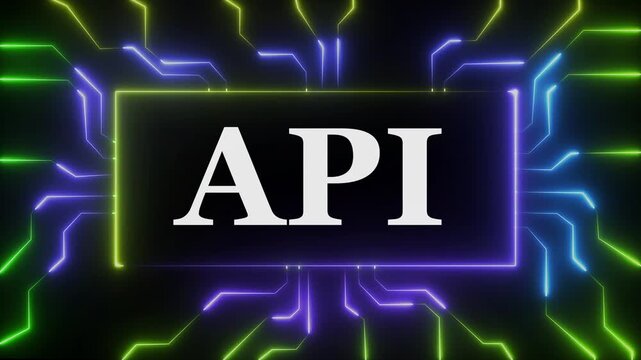Dynamic api integration concept featuring glowing neon circuit board lines and futuristic digital data flow patterns for high-tech software development, cyber security, and modern information