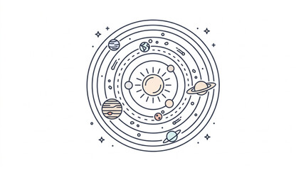 Stylized Solar System Diagram with Sun and Planets. © Camy