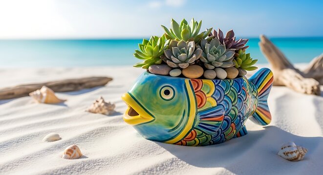 Colorful Fish Shaped Ceramic Succulent Planter on Tropical Beach, Decorative Coastal Garden Pot with Cactus Plants, Summer Seaside Home Decor and Copy Space