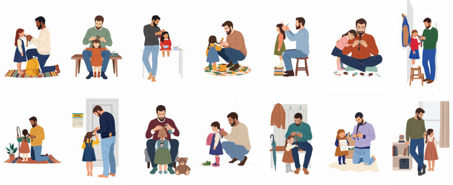 Collection of illustrations depicting caring fathers brushing and styling their young daughters' hair in various household settings, showcasing bonding and parenthood.
