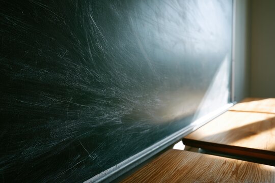 Sunlight streams across a dusty chalkboard and empty wooden desks in a classroom