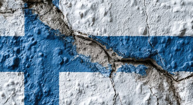 Cracked Finnish flag painted on weathered, textured wall