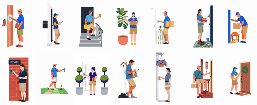 Illustrated set of male and female delivery couriers in uniform delivering packages, food, and gifts to various residential front doors.
