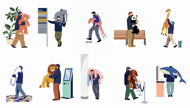 Flat vector illustration set of men carrying various giant stuffed animals and plush toys in a shopping mall setting.