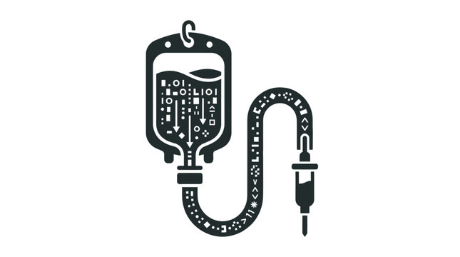 Intravenous drip bag filled with digital symbols and binary code