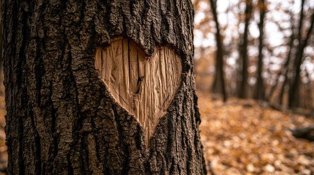 Heart carved into a tree trunk, autumn forest background