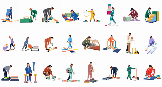 Collection of flat vector illustrations showing physical education instructors and coaches setting up equipment for children's gym activities and obstacle courses.