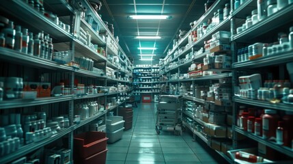 Obraz premium An aisle in a pharmacy with shelves stocked with various medications and other health-related products.
