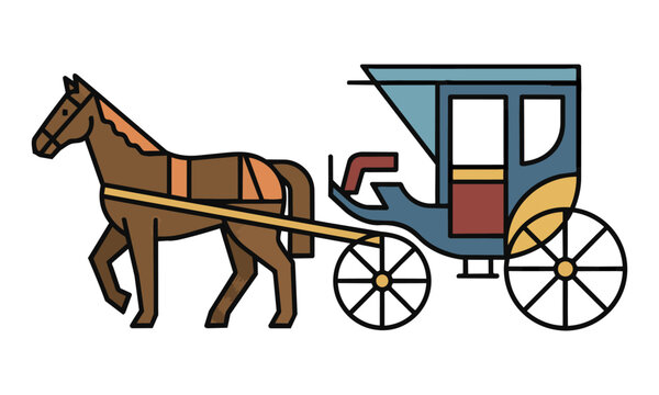 Minimalist side profile icon of a horse pulling a Victorian carriage with clean smooth outlines on a solid white background vintage travel concept